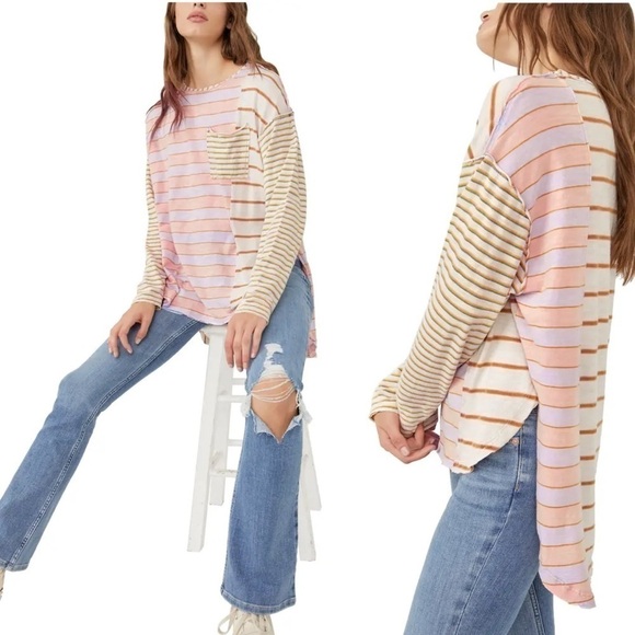 FREE PEOPLE Pastel Combo Printed Long Sleeve Top - Picture 1 of 4